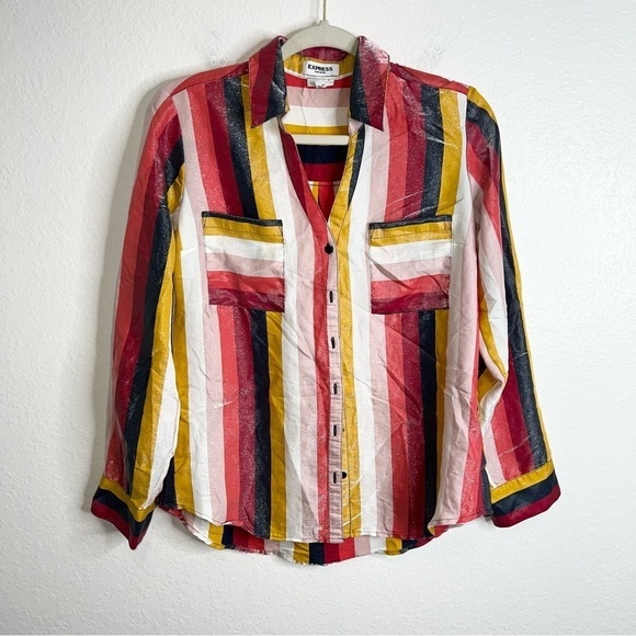 Express Top Women Medium Portofino Shirt Stripe Shimmery Sateen Blouse 70s U - Picture 1 of 8